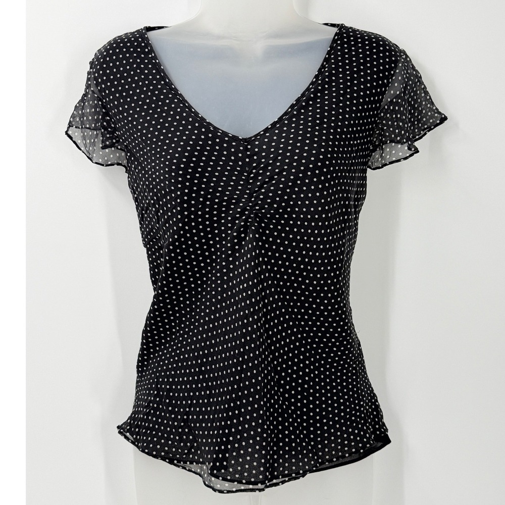 Vtg y2k Silk Polka Dot top Womens 8 Black Flutter Sleeve twee whimsigoth pinup